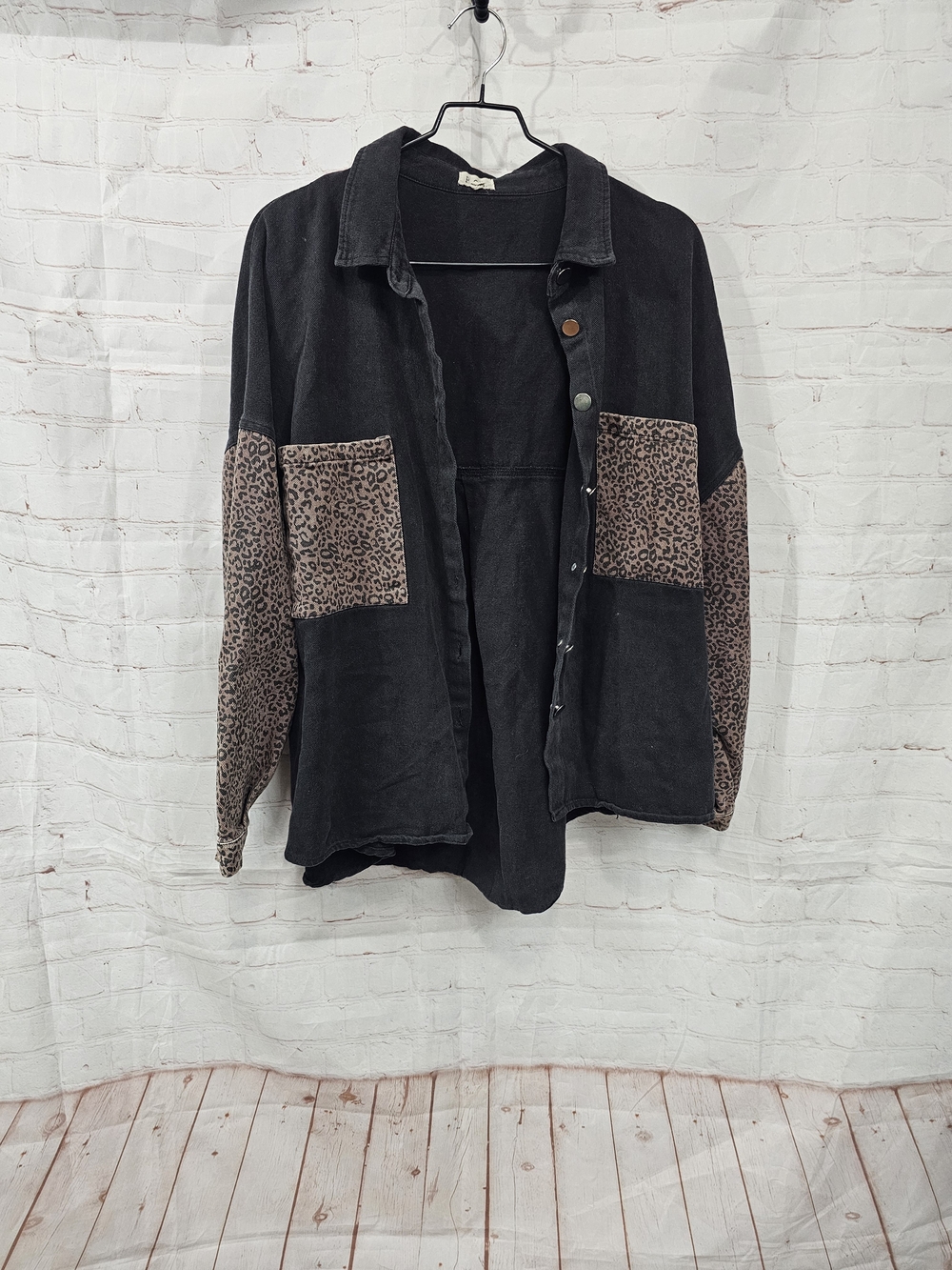 POL Black Jean Jacket with Leopard-Print Pockets and Sleeves